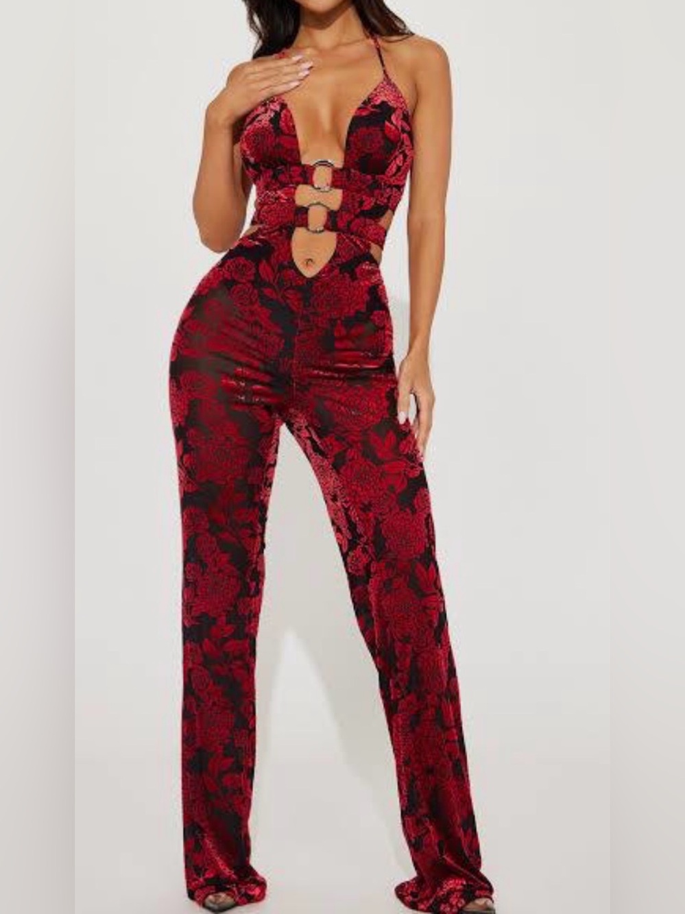 Fashion Nova Red Floral Lace Cutout Halter Jumpsuit
